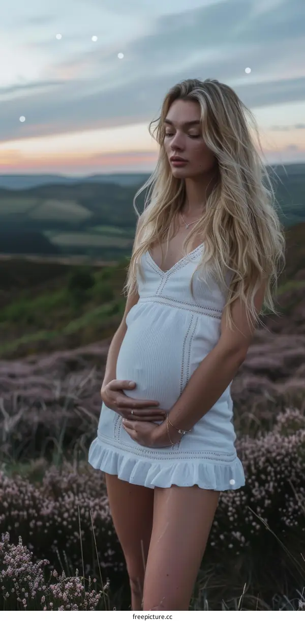 Pregnant woman standing in a field of flowers