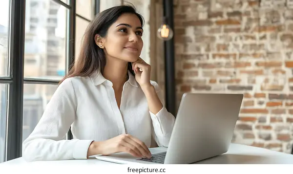 Business Woman Working on Laptop by Window