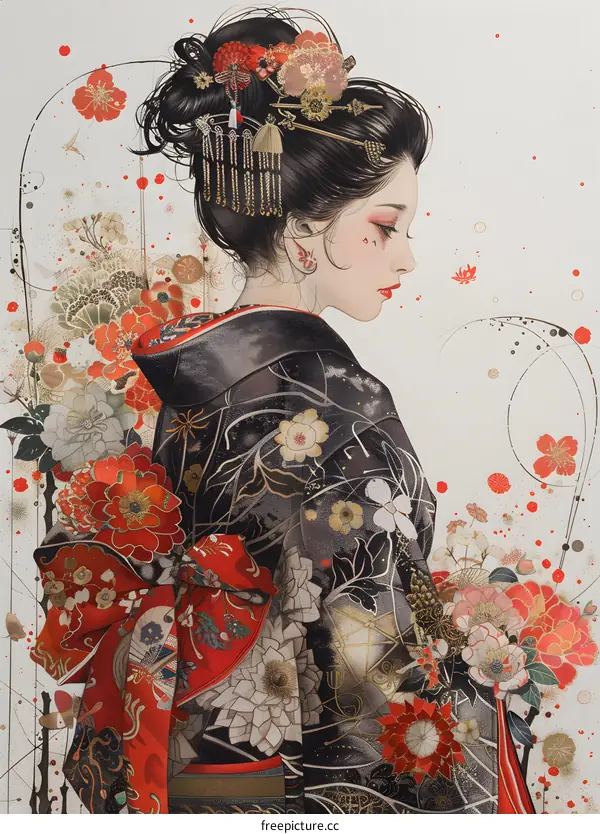 An illustration of a Japanese woman wearing a kimono with a floral pattern and a red obi