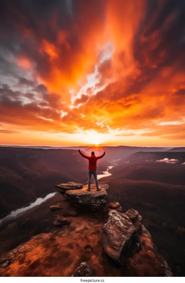 man standing on a rock with arms raised in front of a beautiful sunset