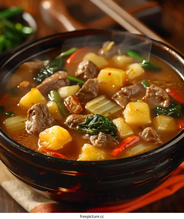Close Up Of Beef Stew With Potatoes And Vegetables In A Bowl