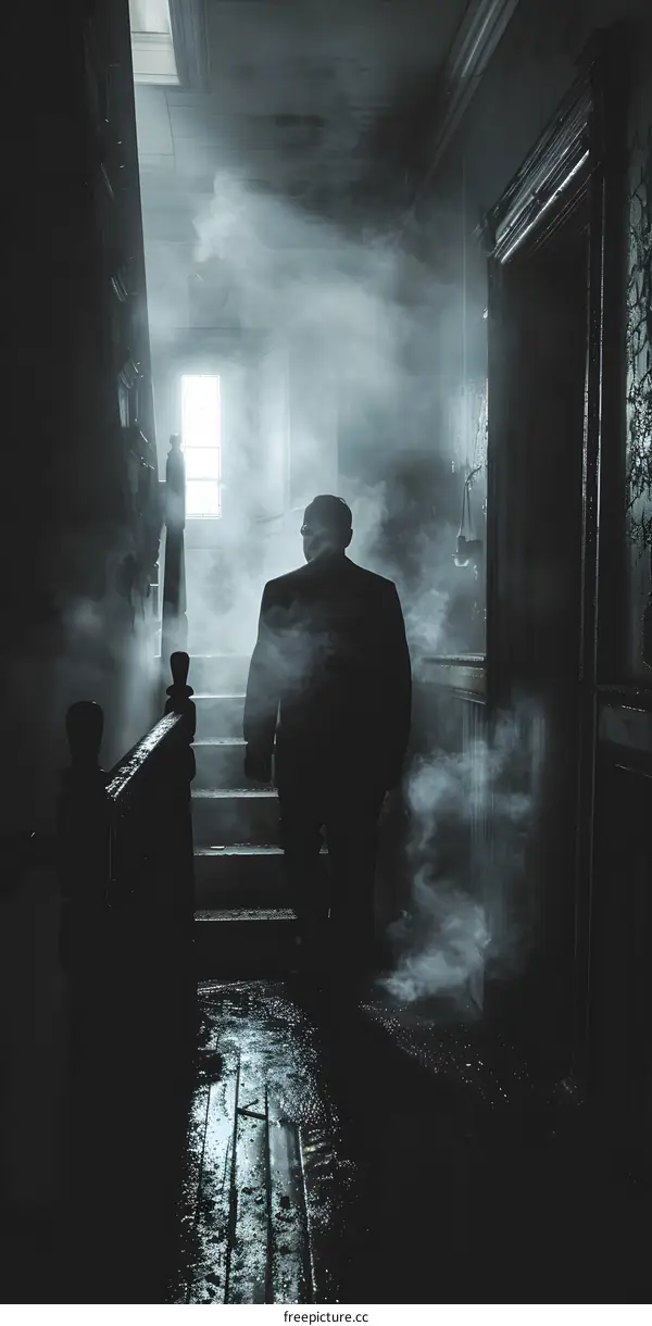 A man standing in a dark hallway, his face obscured by shadow.