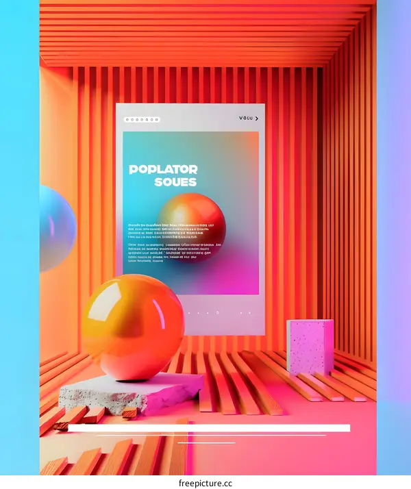 Abstract 3D Poster with Colorful Spheres and Wooden Panels