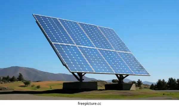 A large solar panel mounted on a metal frame in a field