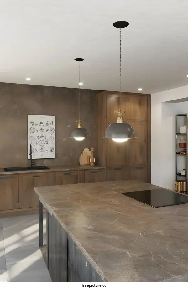 Modern Kitchen Interior Design With Wooden Cabinets And  Pendant Lights