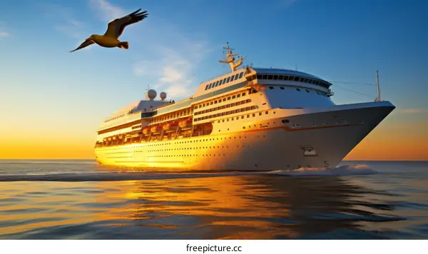 Large White Cruise Ship Sails on the Open Ocean at Sunset