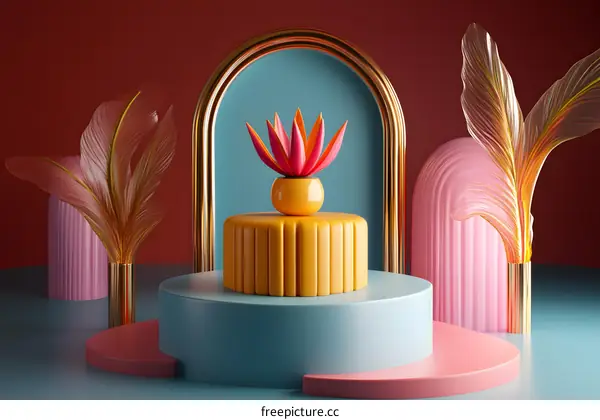 Abstract 3D Minimalist Design With Pink and Yellow Flower