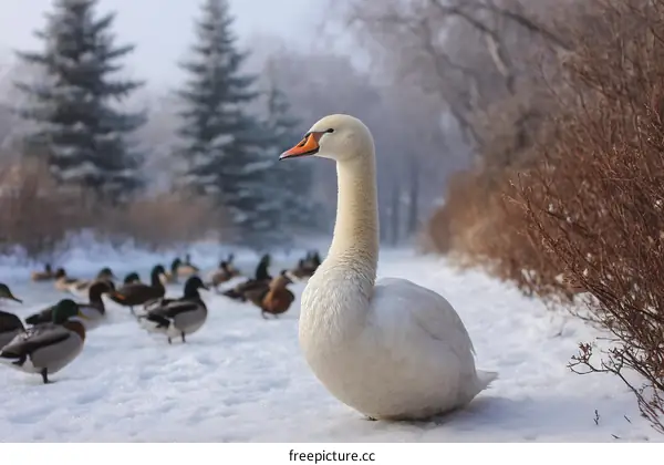 Winter Scene with Swan and Ducks