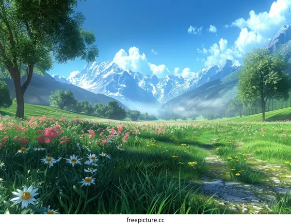 Scenic Mountain Landscape with Wildflowers and Trees