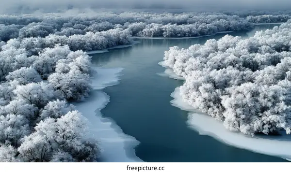 Winter Wonderland River Landscape with Frosty Trees