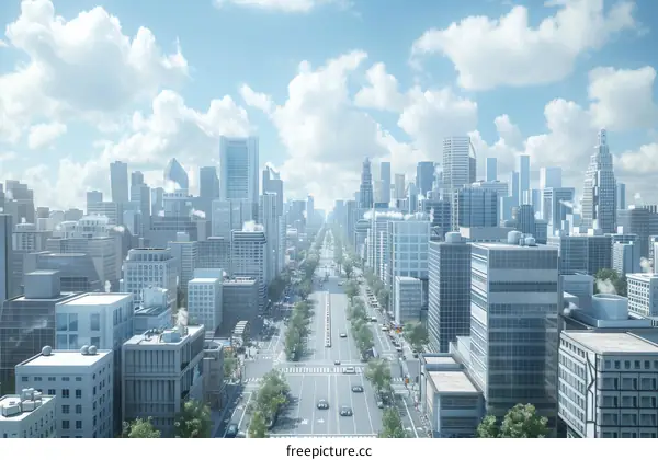 A Metropolis with Towering Structures and a Bustling Street