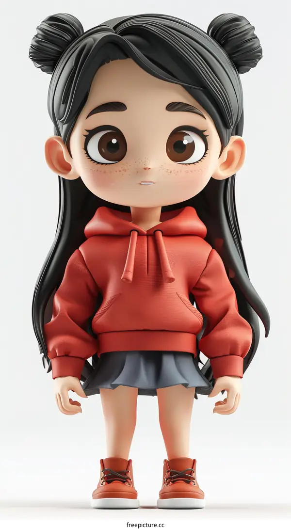 Cute 3D Girl with Black Hair Wearing a Red Hoodie and Gray Skirt