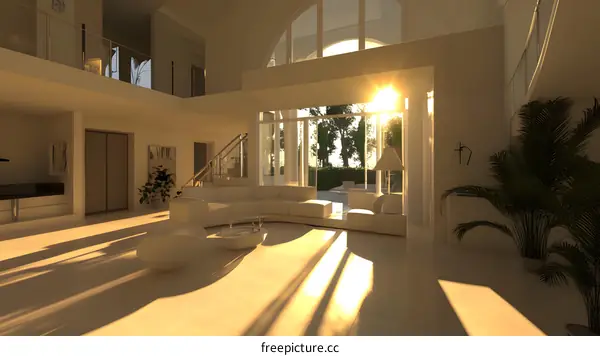 Modern Living Room With Large Windows And Sunlight