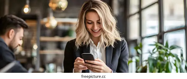 Smiling Woman Uses Smartphone in Cafe