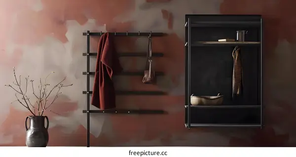 Modern Black Wall Mounted Storage Shelf with Hooks