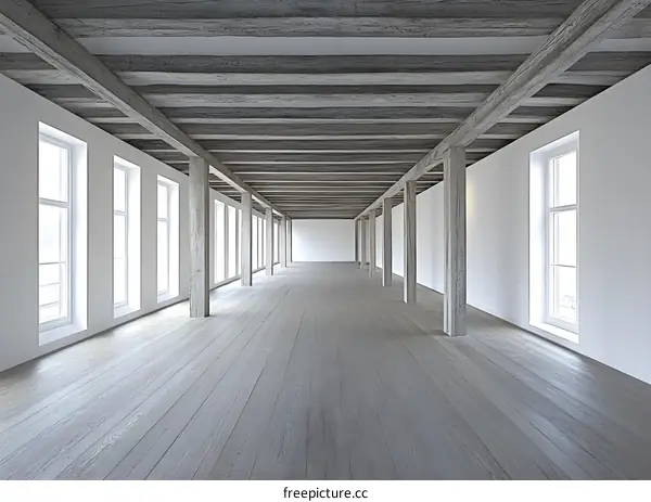 Empty White Room with Exposed Wooden Beams