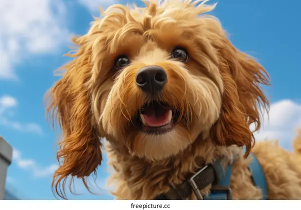 A happy brown dog with a sweet expression looks up at the camera