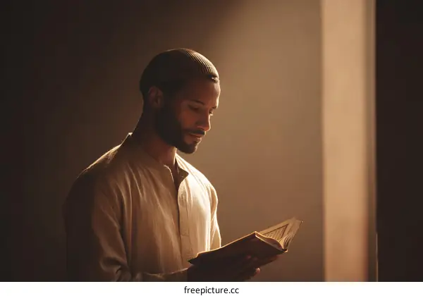 A Young Man Reading a Book in a Softly Lit Room