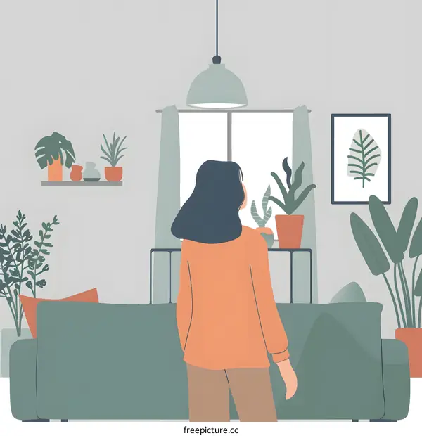 Woman Standing in Living Room with Plants