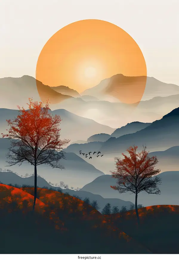 Sunrise Over the Mountains with Two Red Trees