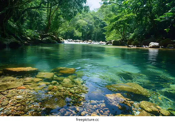 lush green trees and rocks in a river with a rocky riverbed