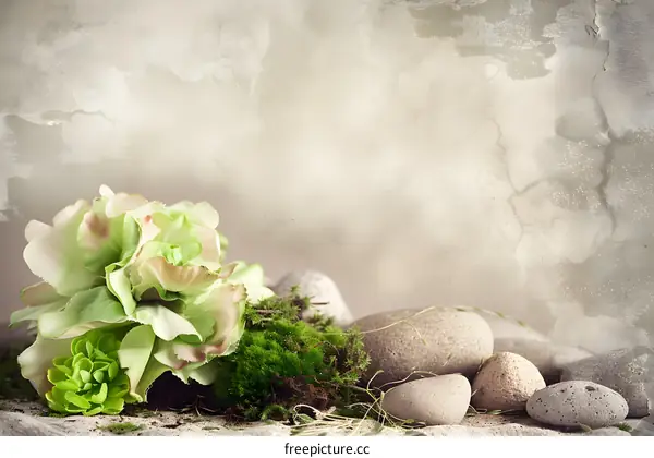 Green Flower with Rocks and Moss on Vintage Background