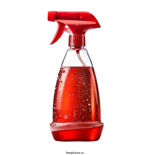 [Transparent Background PNG]Red spray bottle with liquid on white background