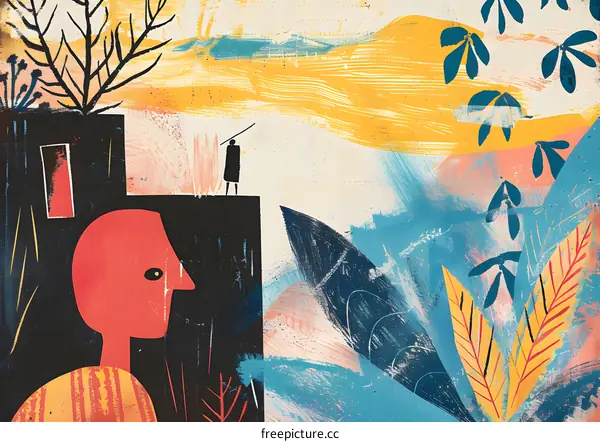 Abstract Painting of a Person Standing on a Cliff with a Giant Head Looking Down