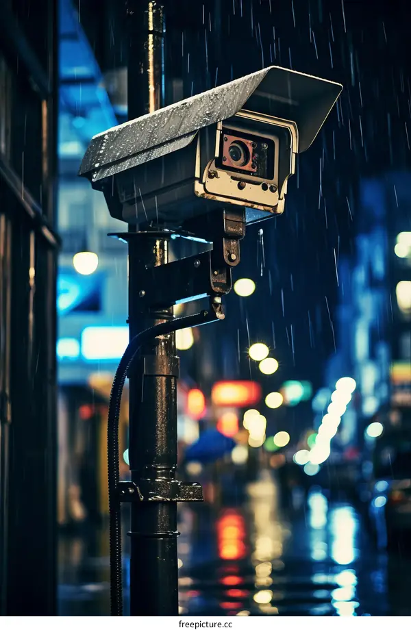 Surveillance Camera Captures Rain Falling on City Street at Night