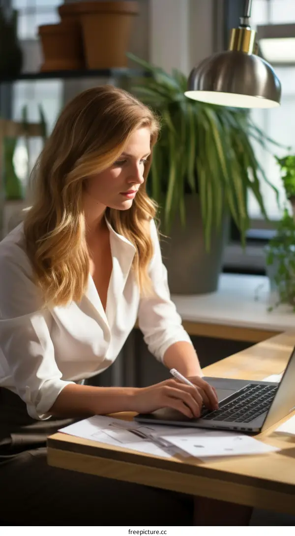 Focused young businesswoman working on laptop in home office