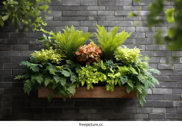 Wooden Planter Box with Lush Plants on Brick Wall