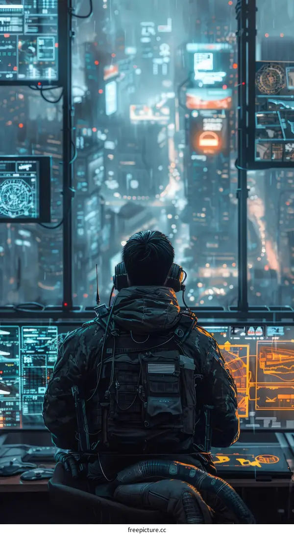 A soldier sits at a control panel and gazes out at a futuristic cityscape.
