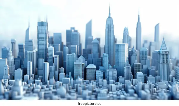 Blue and White Cityscape with Modern Architecture