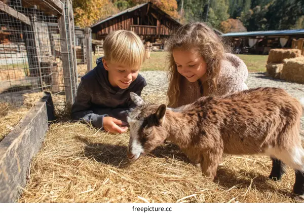 Children interacting with a baby goat at a farm