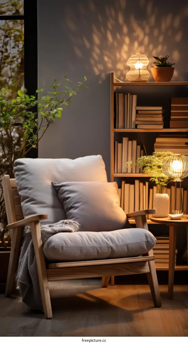 Cozy Reading Nook with Armchair, Bookshelf, and Lamp
