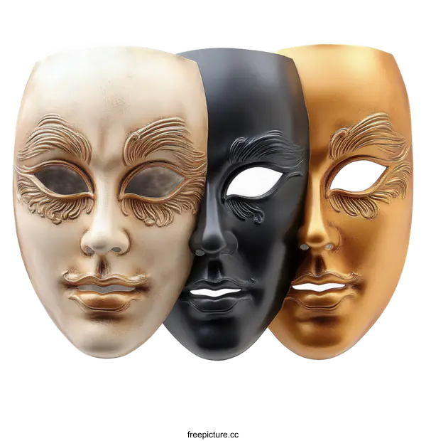[Transparent Background PNG]Three Carnival Masks Representing Different Emotions