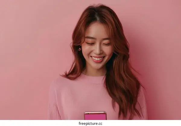 Asian woman smiling while looking at her pink phone