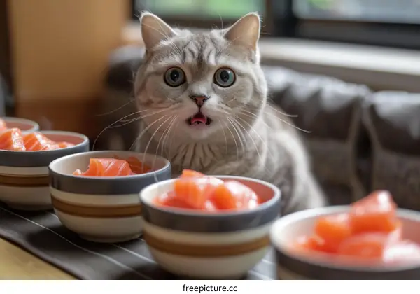 A gray cat looking at a table full of salmon