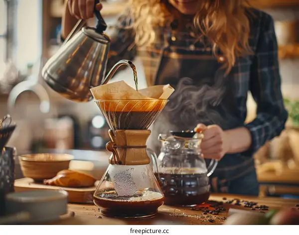 Woman pouring hot water from kettle into coffee filter