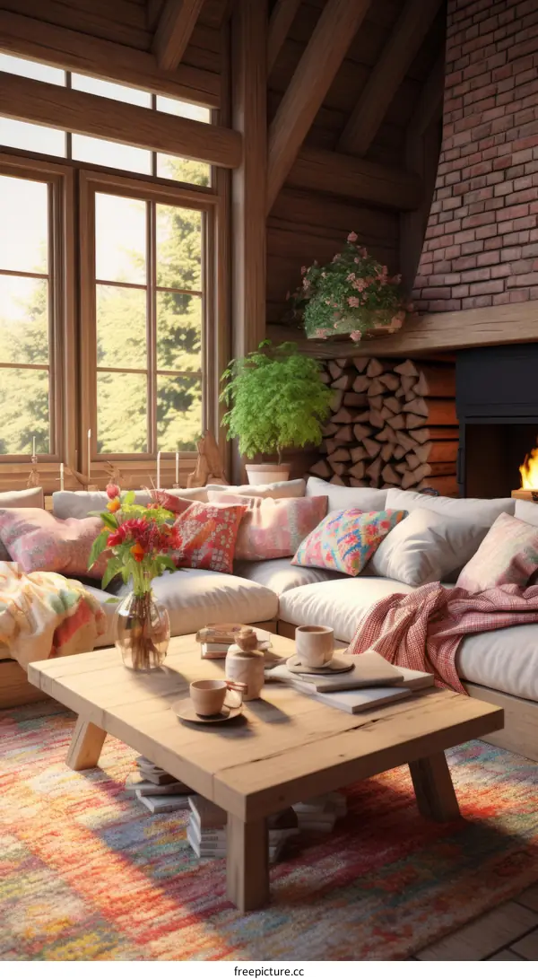 Cozy and Rustic Living Room Interior with Fireplace and Large Windows