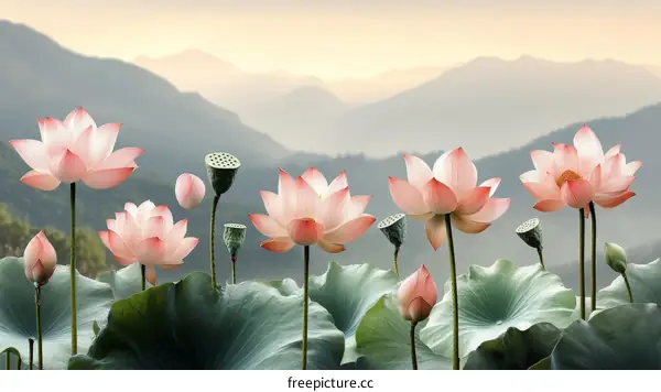 Beautiful Lotus Flowers in a Misty Mountain Scenery