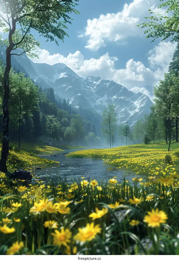 Serene Alpine Meadow with River and Snow-capped Mountains
