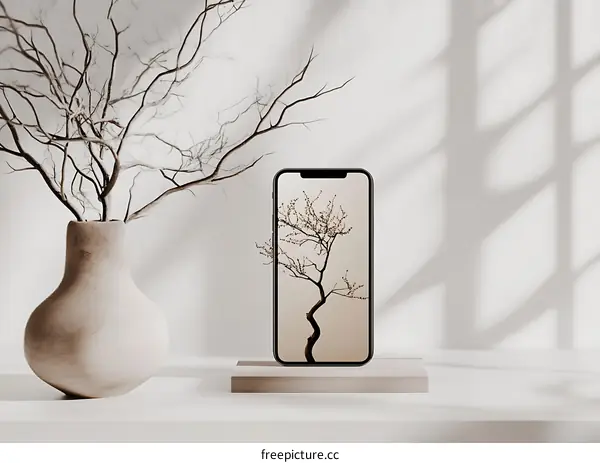 Minimalist Phone Mockup With A Branch And A Vase