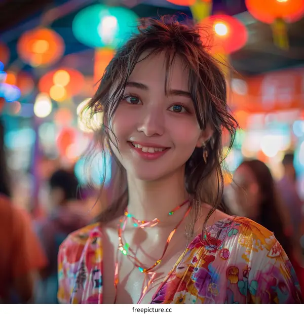 Young Woman Smiling at Night Market