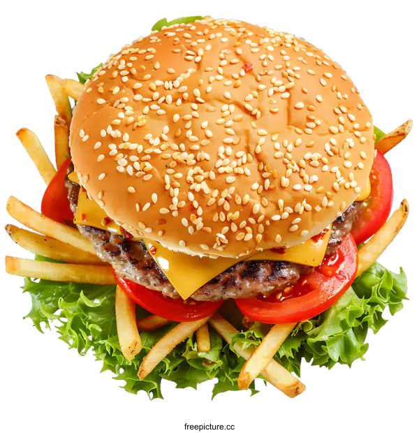 [Transparent Background PNG]Closeup of a Delicious Cheeseburger with French Fries