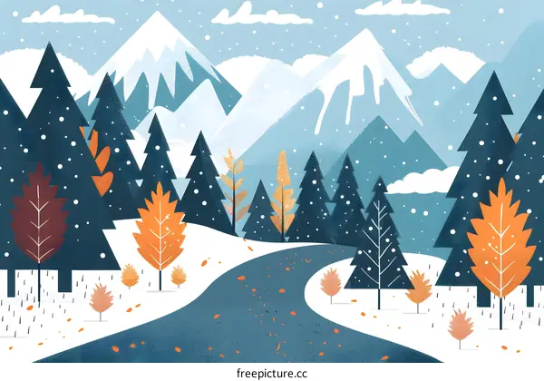 Winter Forest Illustration with Snowy Mountains and Winding Road