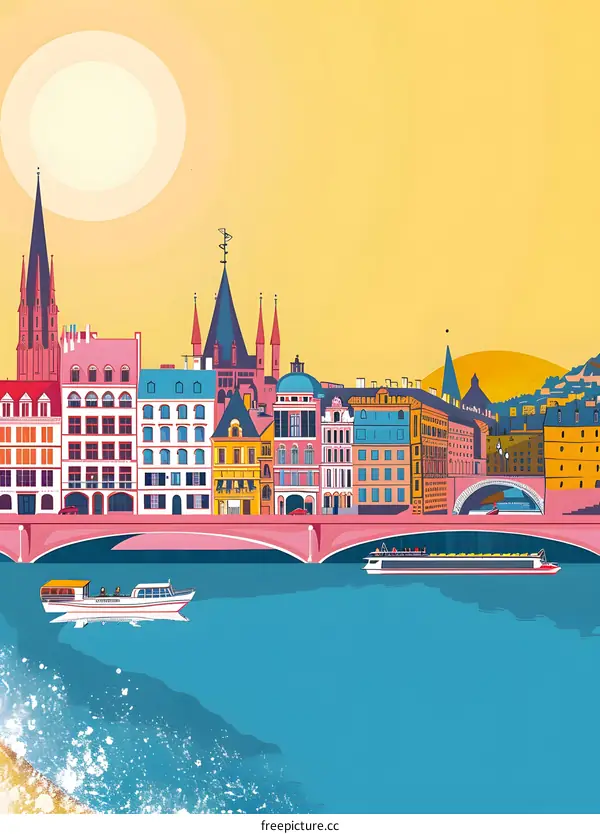Colorful Illustration of Cityscape with River and Boats