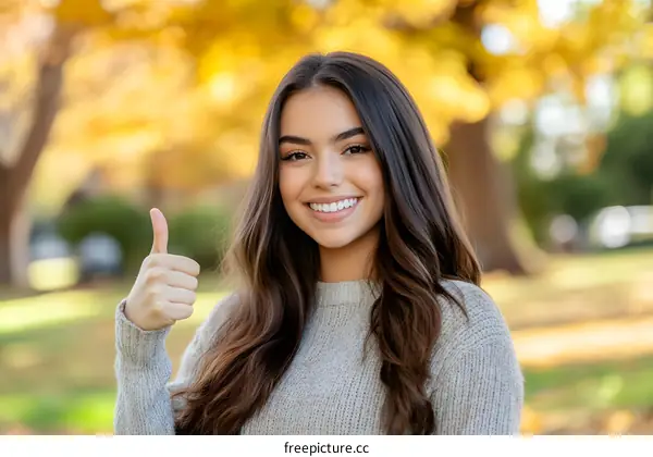 Happy Woman Giving Thumbs Up in Autumn Park