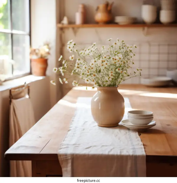 Chamomile Bouquet in a Ceramic Vase on a Wooden Table