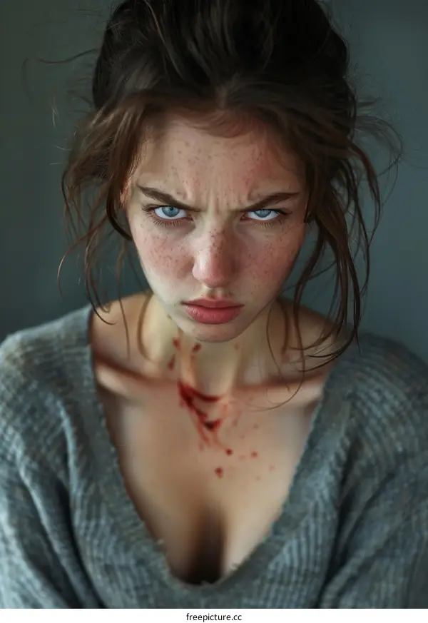 Portrait of a Woman with an Angry Expression and Bloodstains